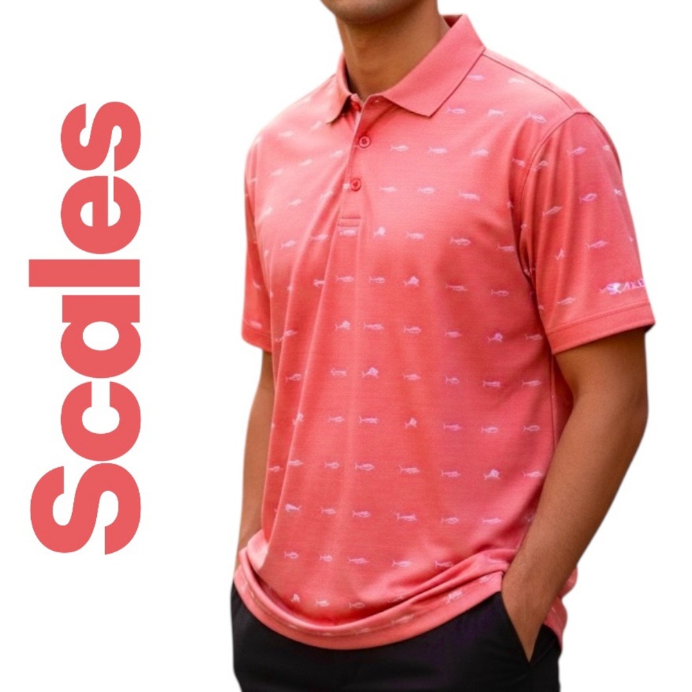 Scales Gear Golf Polo UPF 50+ Clubhouse Collection Coral Fish Print Beach NWOT